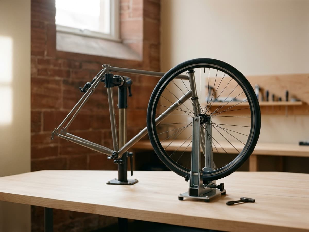 A steel road bike in a repair stand, its rear wheel in a truing jig on a pale bench