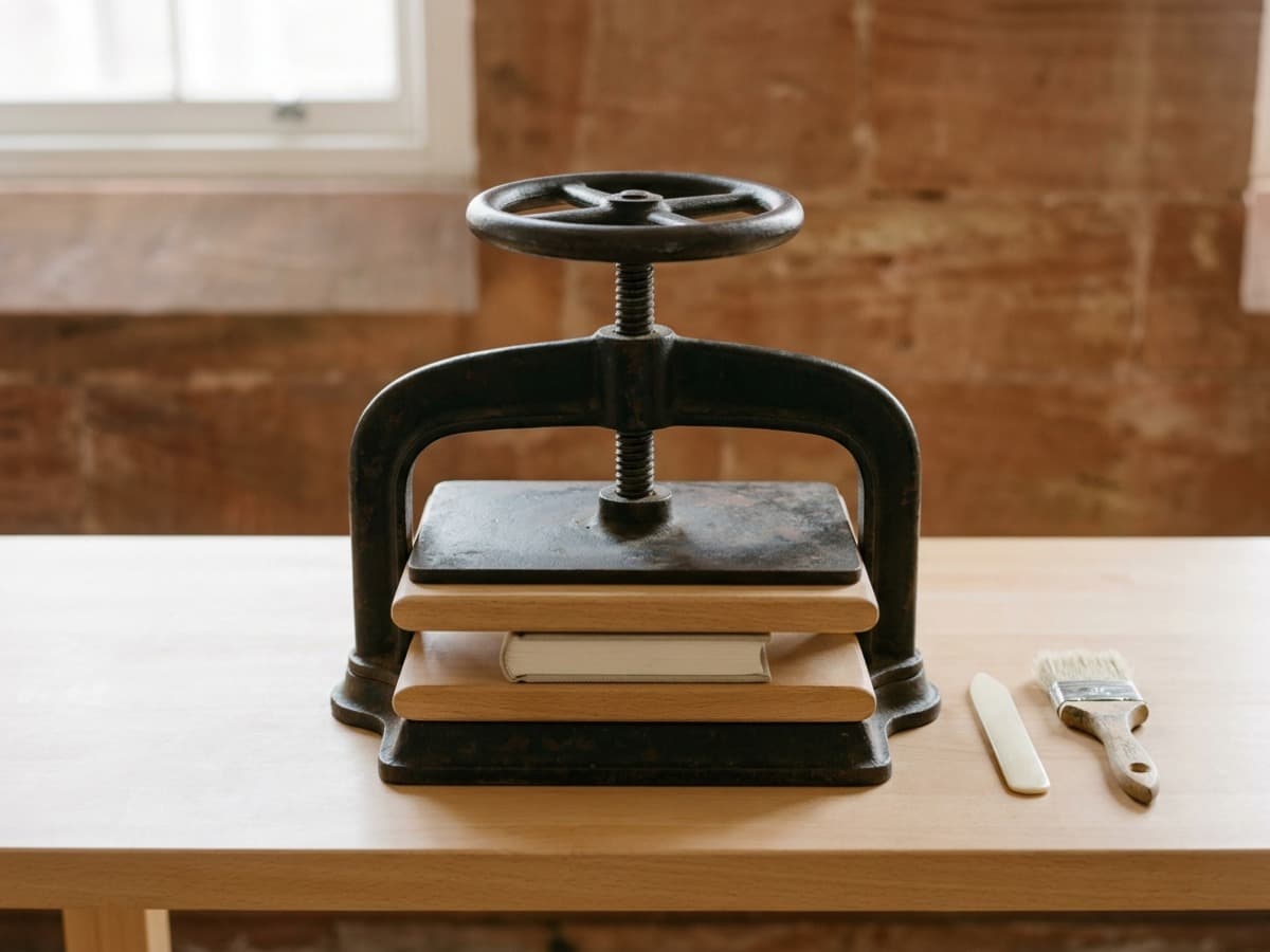 A cast-iron book press holding a cloth-bound book between two boards, a bone folder and a brush beside it