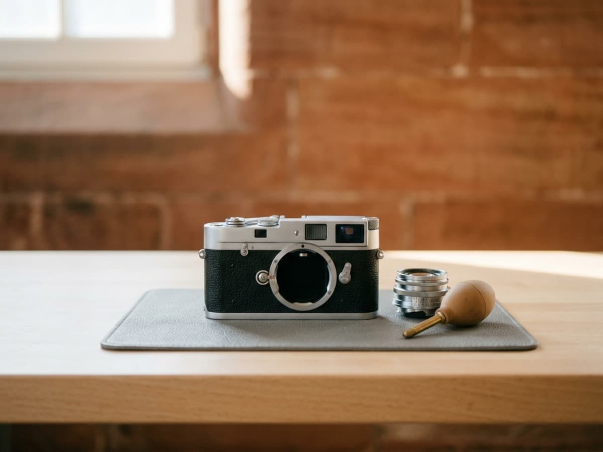 A black and chrome rangefinder camera body with its lens off, beside the lens and a blower