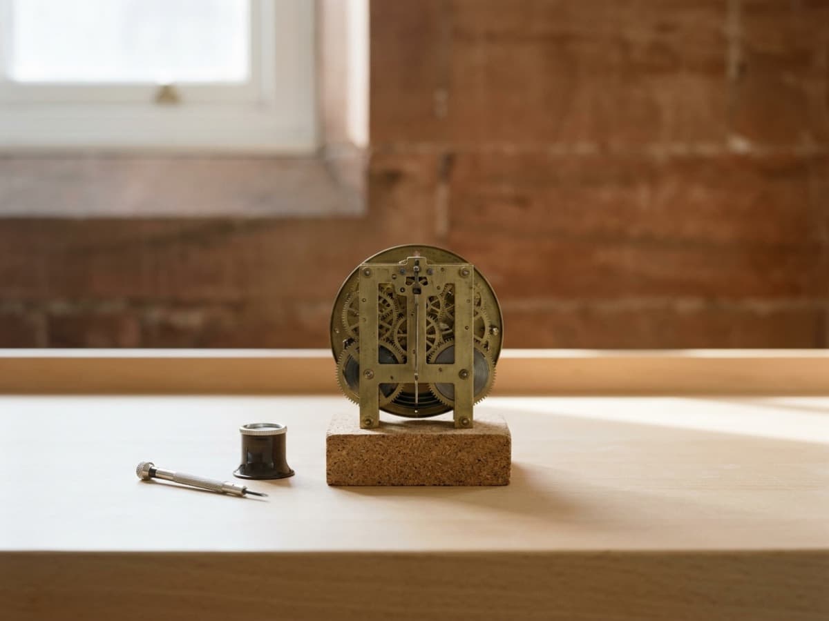 An open brass mantel clock movement on a cork block, a screwdriver and a loupe beside it