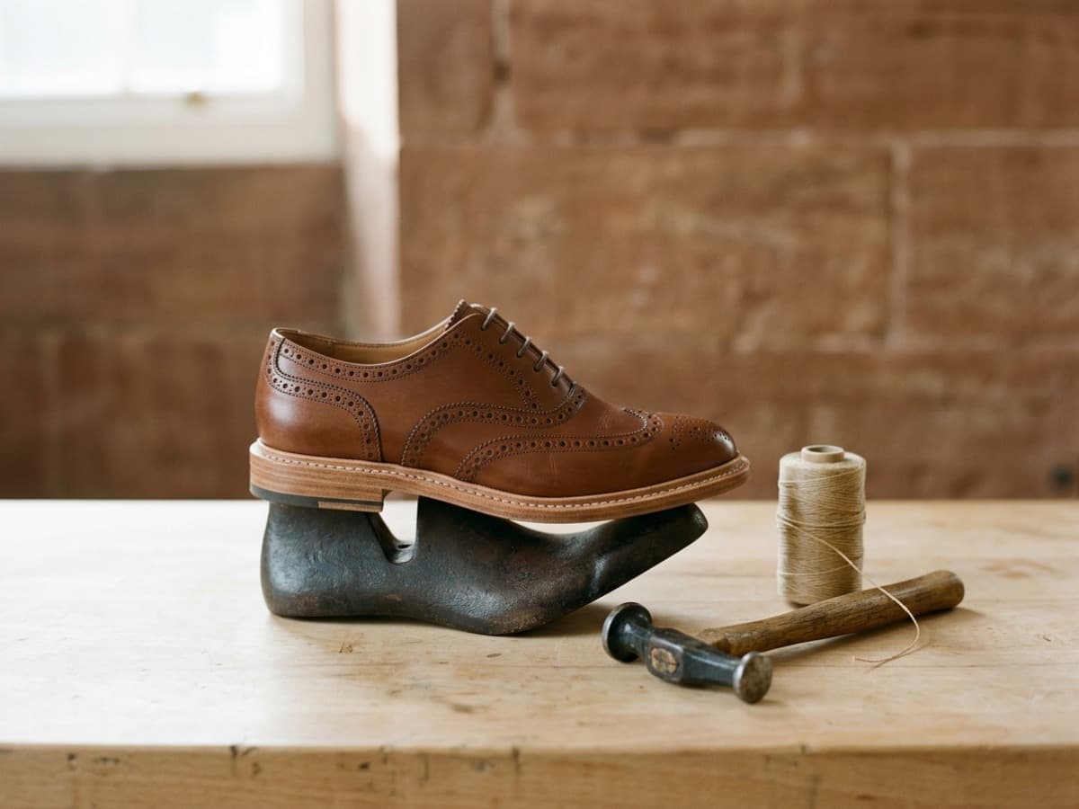 A brown leather brogue on an iron cobbler's last with a new sole, a hammer and waxed thread beside it