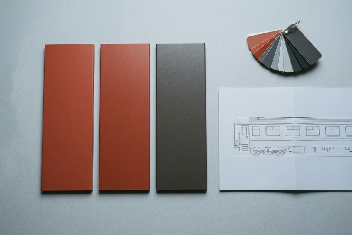 Three painted aluminium livery panels in rust and graphite laid beside a folded carriage elevation drawing and an open paint-chip fan