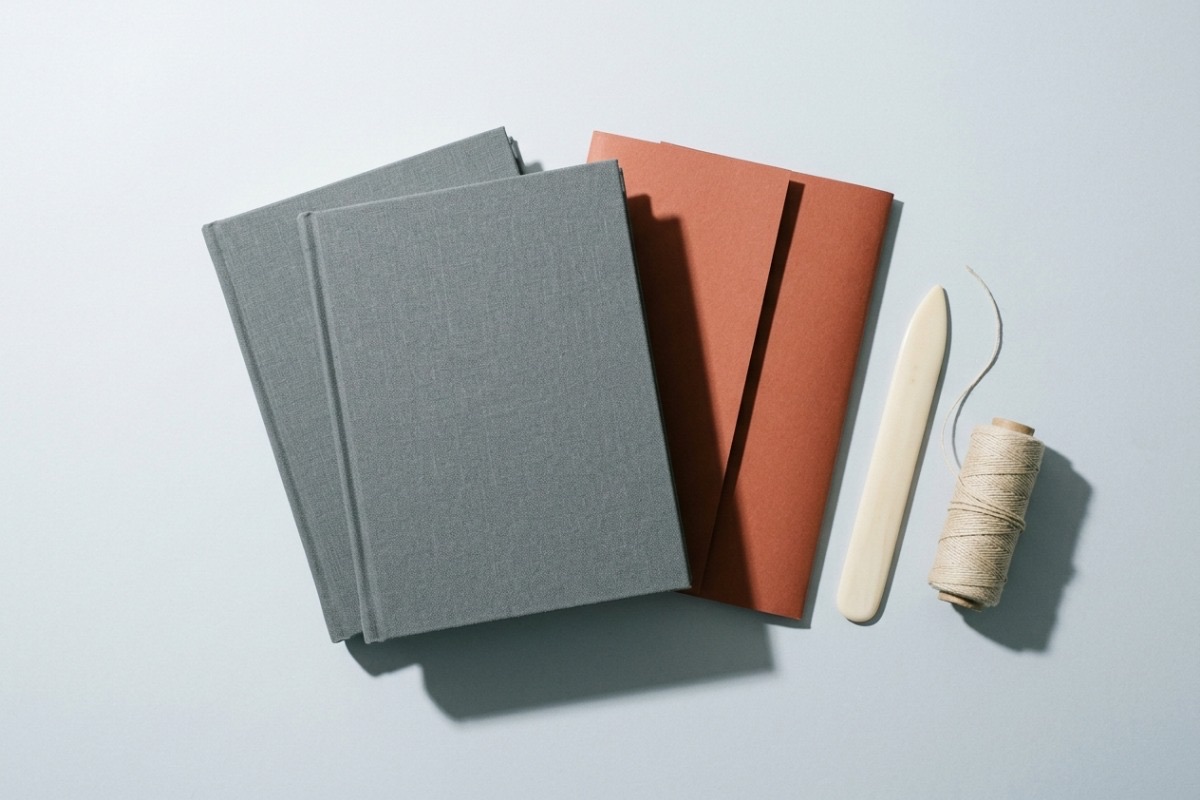 Two cloth-bound ledgers stacked beside a folded rust paper wrap, a bone folder and a spool of linen thread