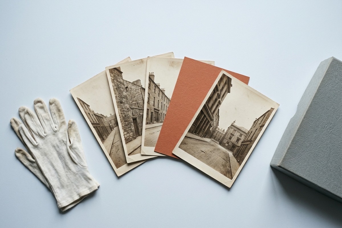 Five archival prints fanned across a bench with cotton handling gloves, a rust filing card and the corner of a grey archive box