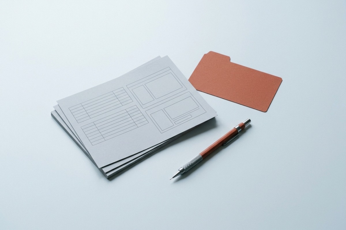 A stack of printed component spec sheets showing empty layout frames, with a rust index tab and a mechanical pencil