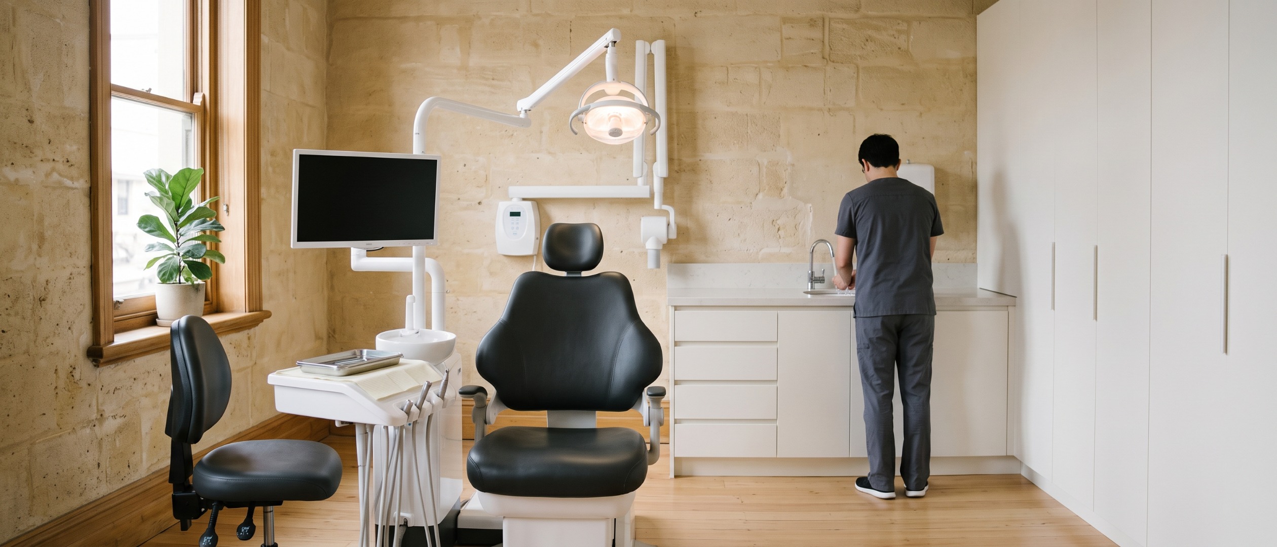 Chair 2 set and ready between patients, its lamp on, and a clinician in graphite scrubs washing up at the basin with their back to the room