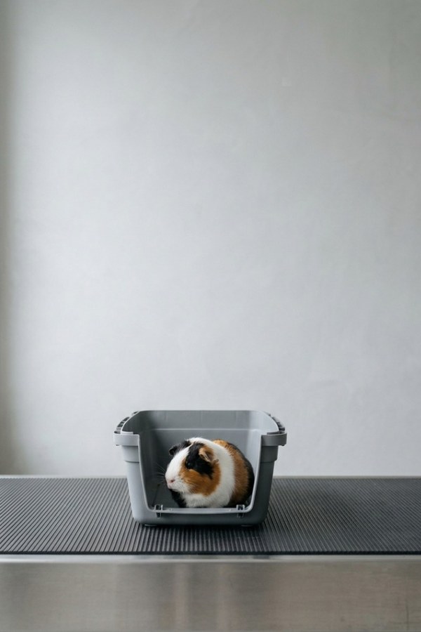 A tricolour guinea pig in an open grey carrier on the scale