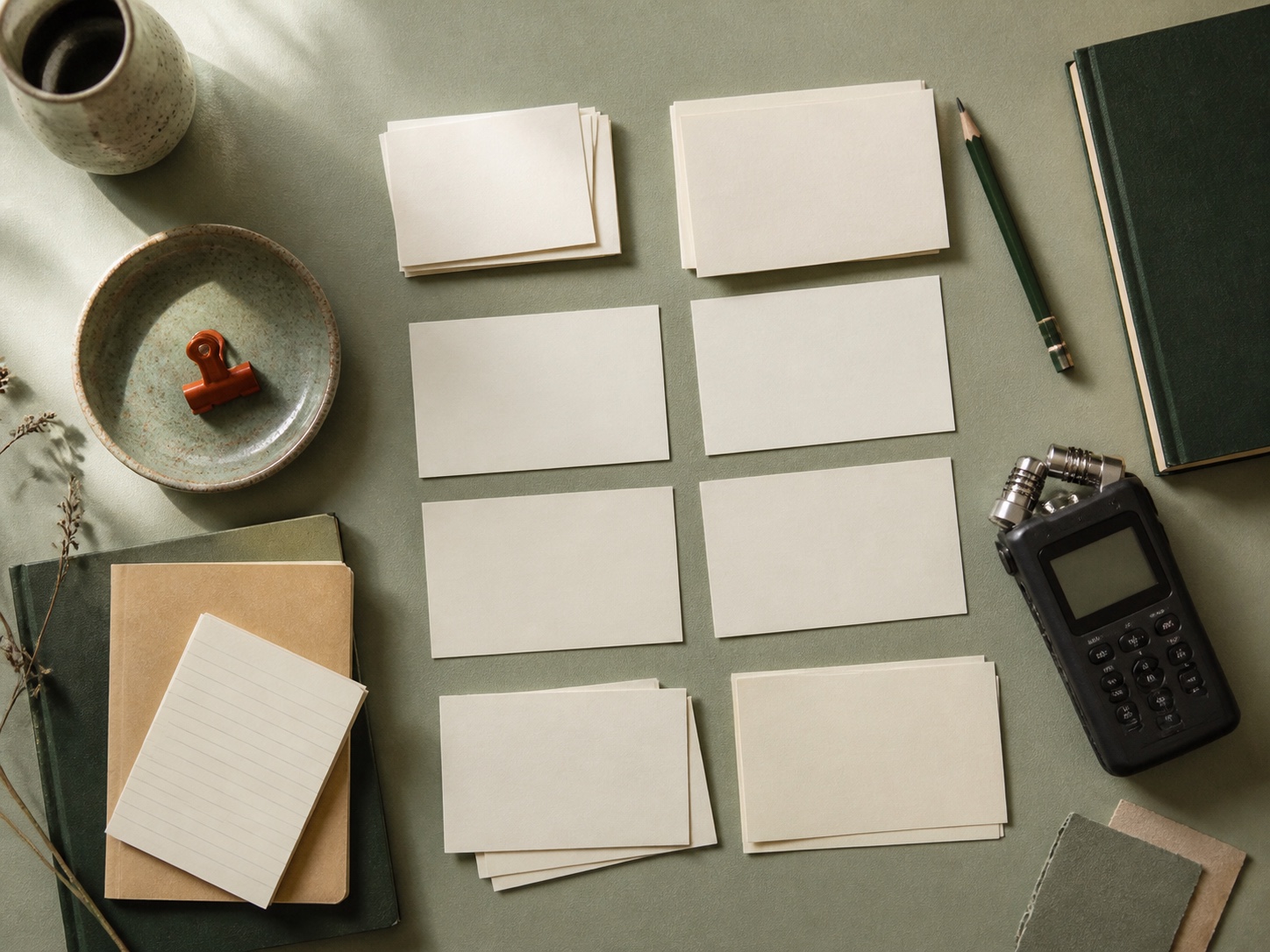 Blank research cards and an audio recorder on a sage worktable