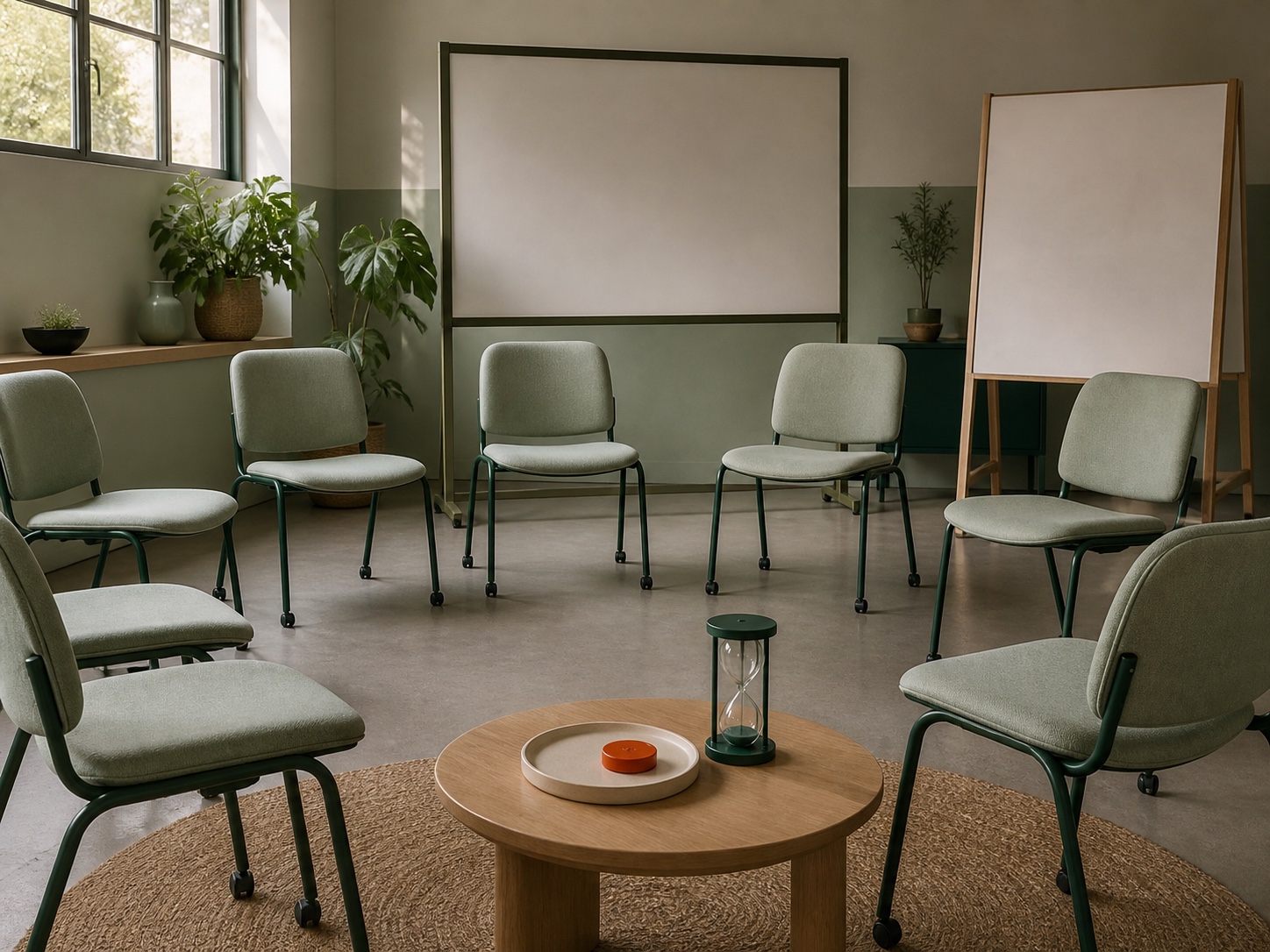 Empty facilitation circle with blank boards and a speaking token