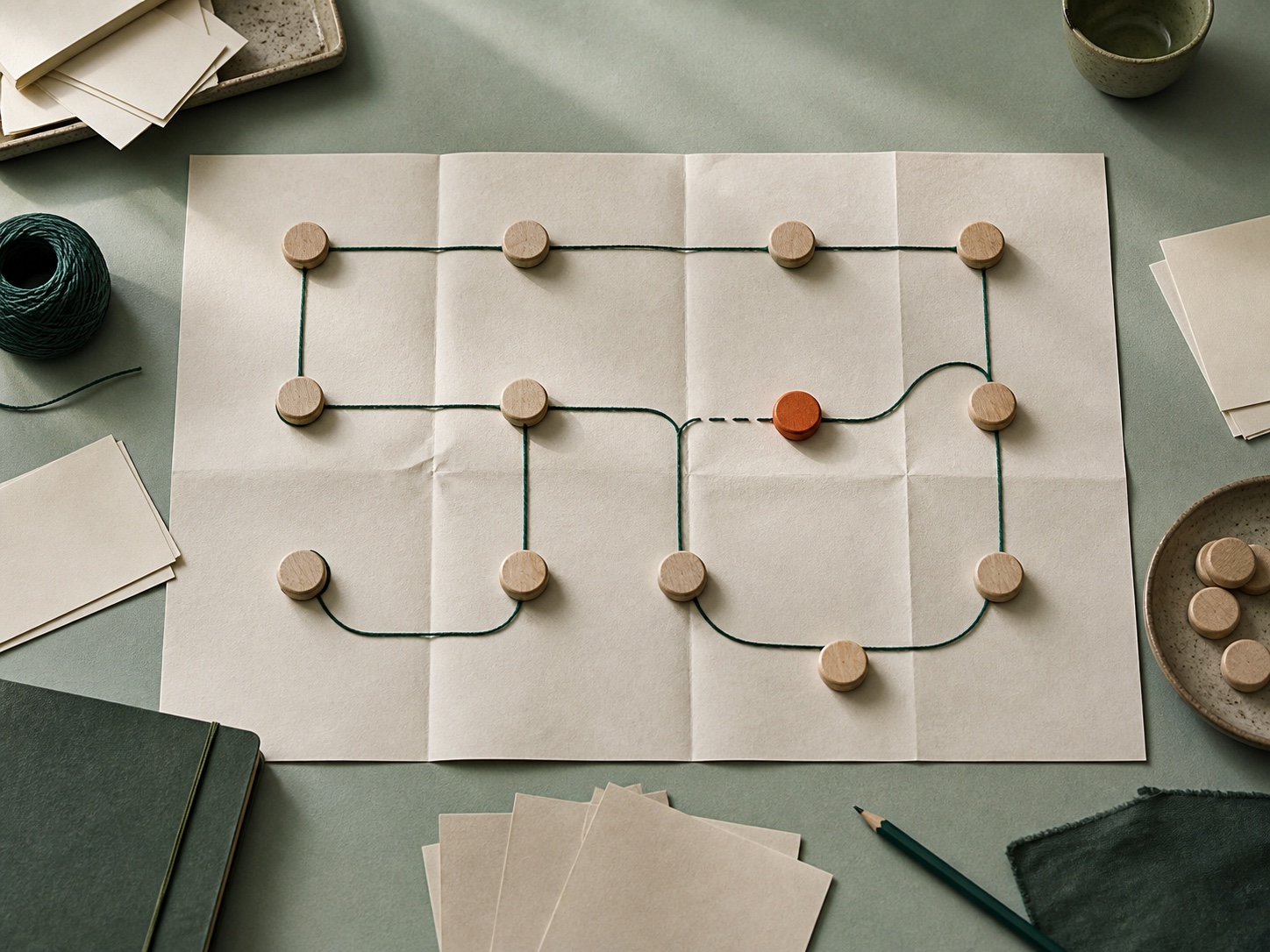 Blank service map connected with green thread and wooden tokens