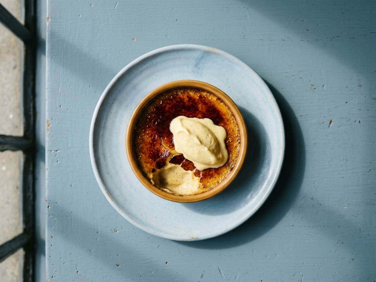 Burnt cream with a cracked caramel crust and a spoon of Jersey cream, in a ramekin on a chalk-blue plate