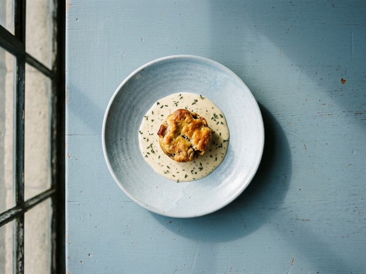 Rabbit and bacon suet pudding on cider cream, photographed from above on a chalk-blue plate