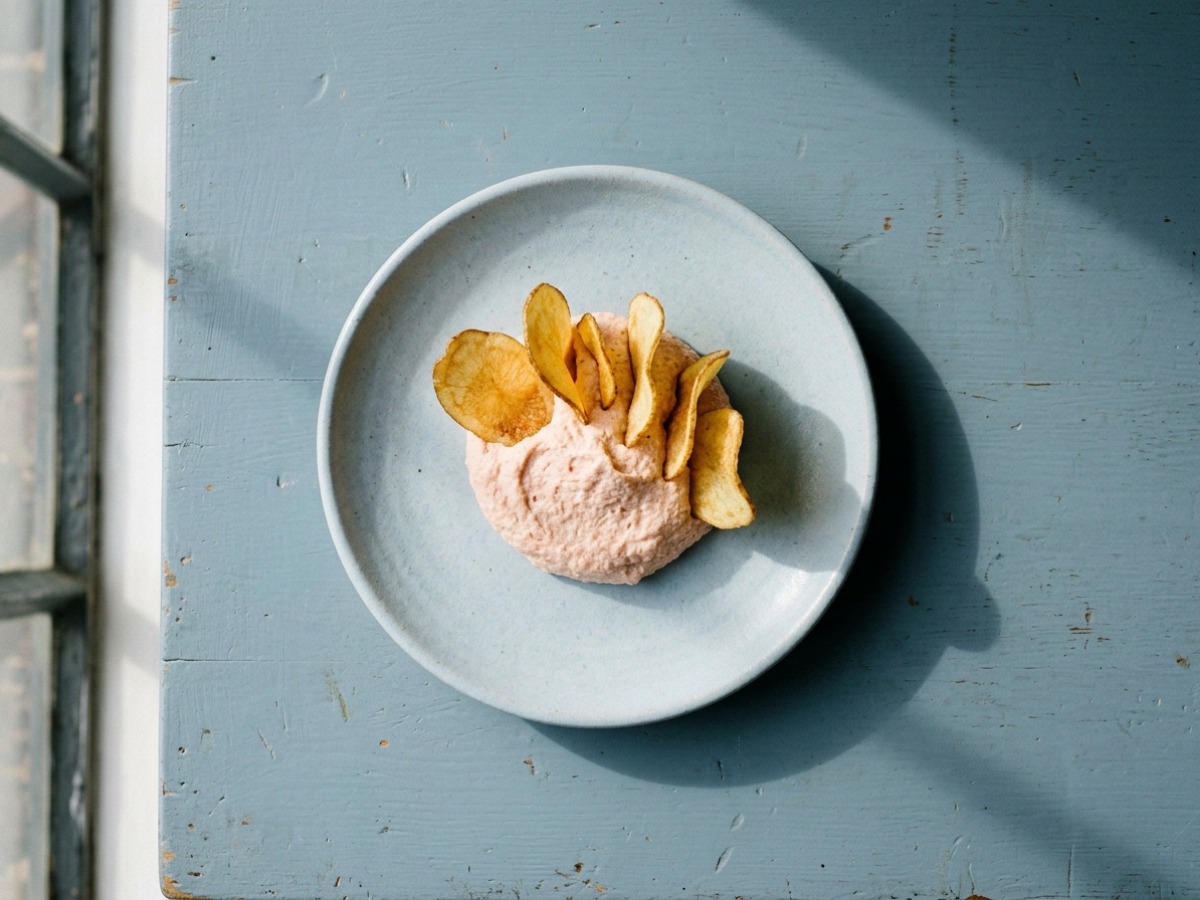 Whipped cod roe with potato crisps on a chalk-blue plate, photographed from above in window light