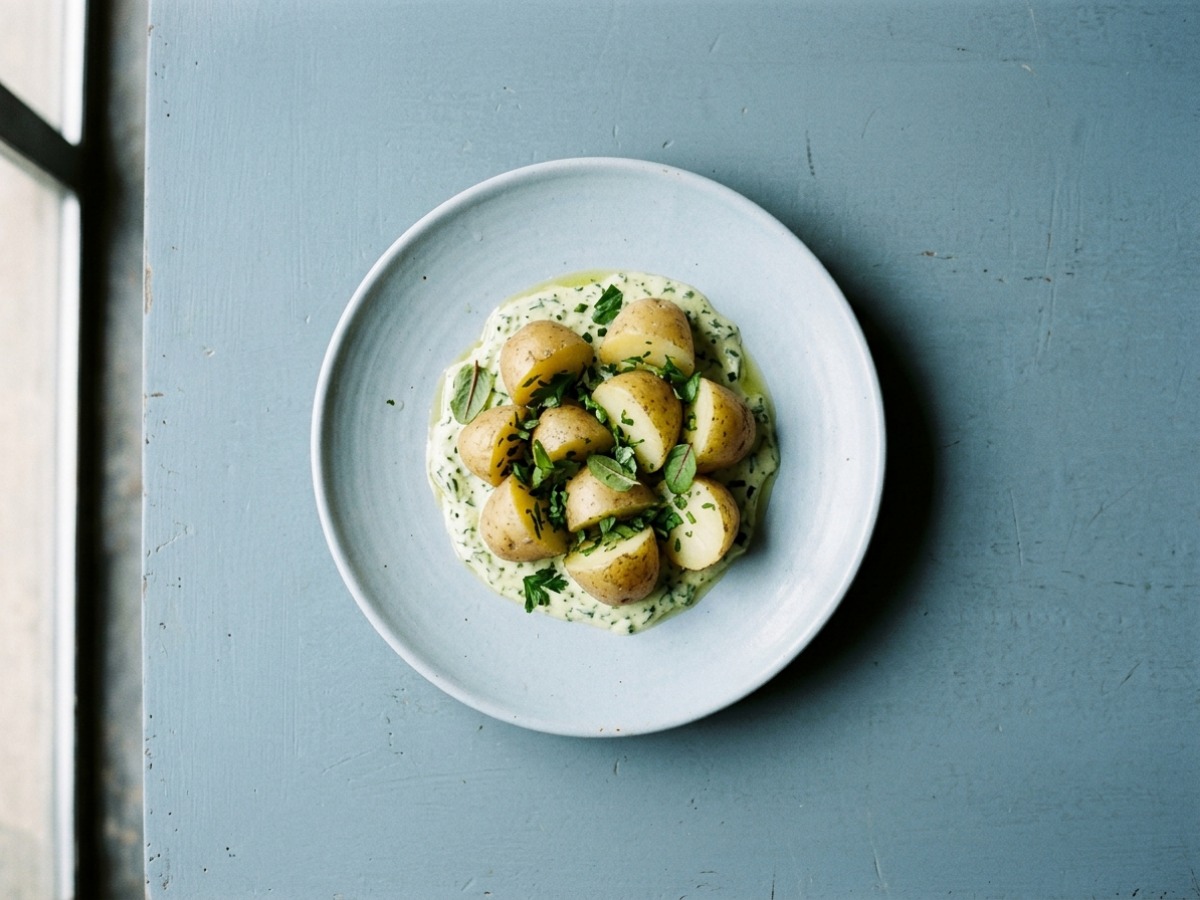Jersey Royal new potatoes with sorrel cream on a chalk-blue plate, photographed from above in window light