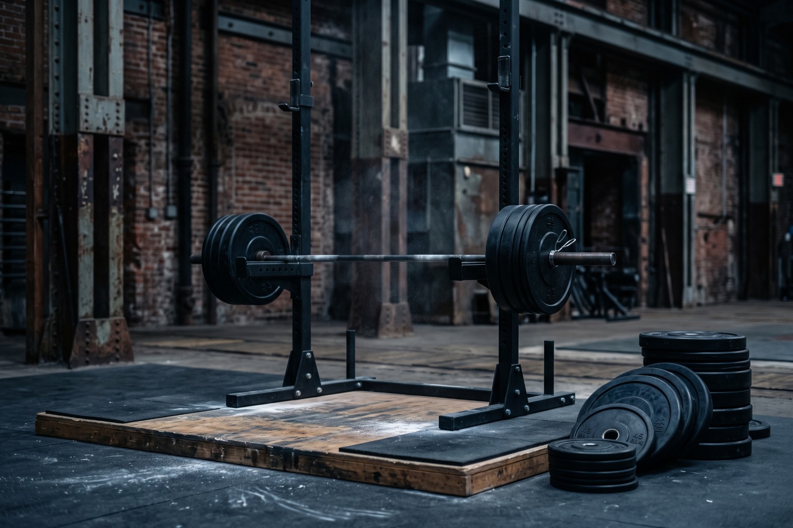 A loaded barbell on a squat rack platform in the club's converted tram-depot Platform Room, competition plates stacked beside it