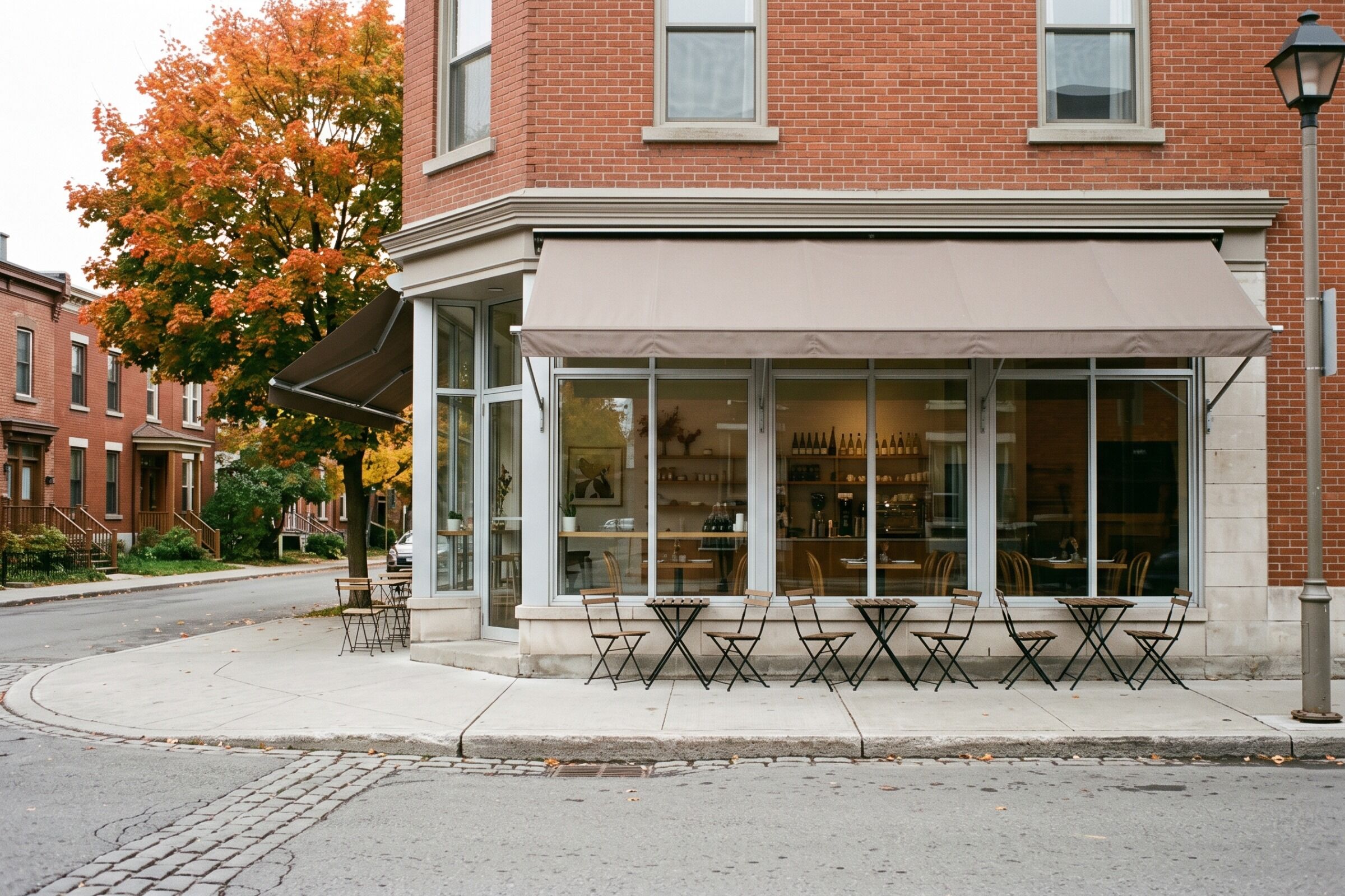 Mireille's corner shopfront with the terrace set out under a plain dark awning
