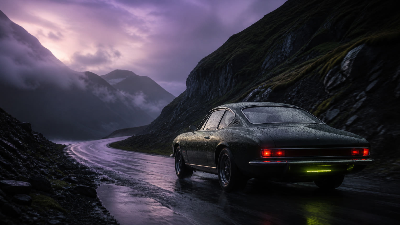 Vintage coupe on a rain-dark mountain road