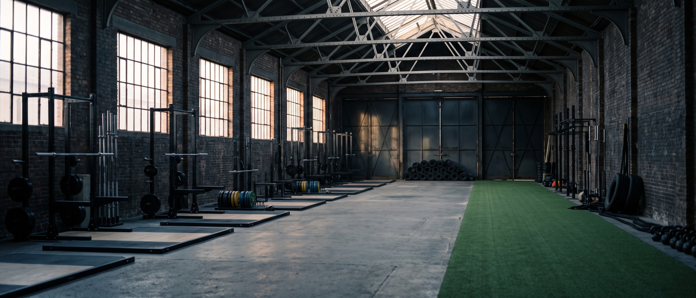 The depot floor at first light: lifting platforms and racks along one side, the turf conditioning lane along the other