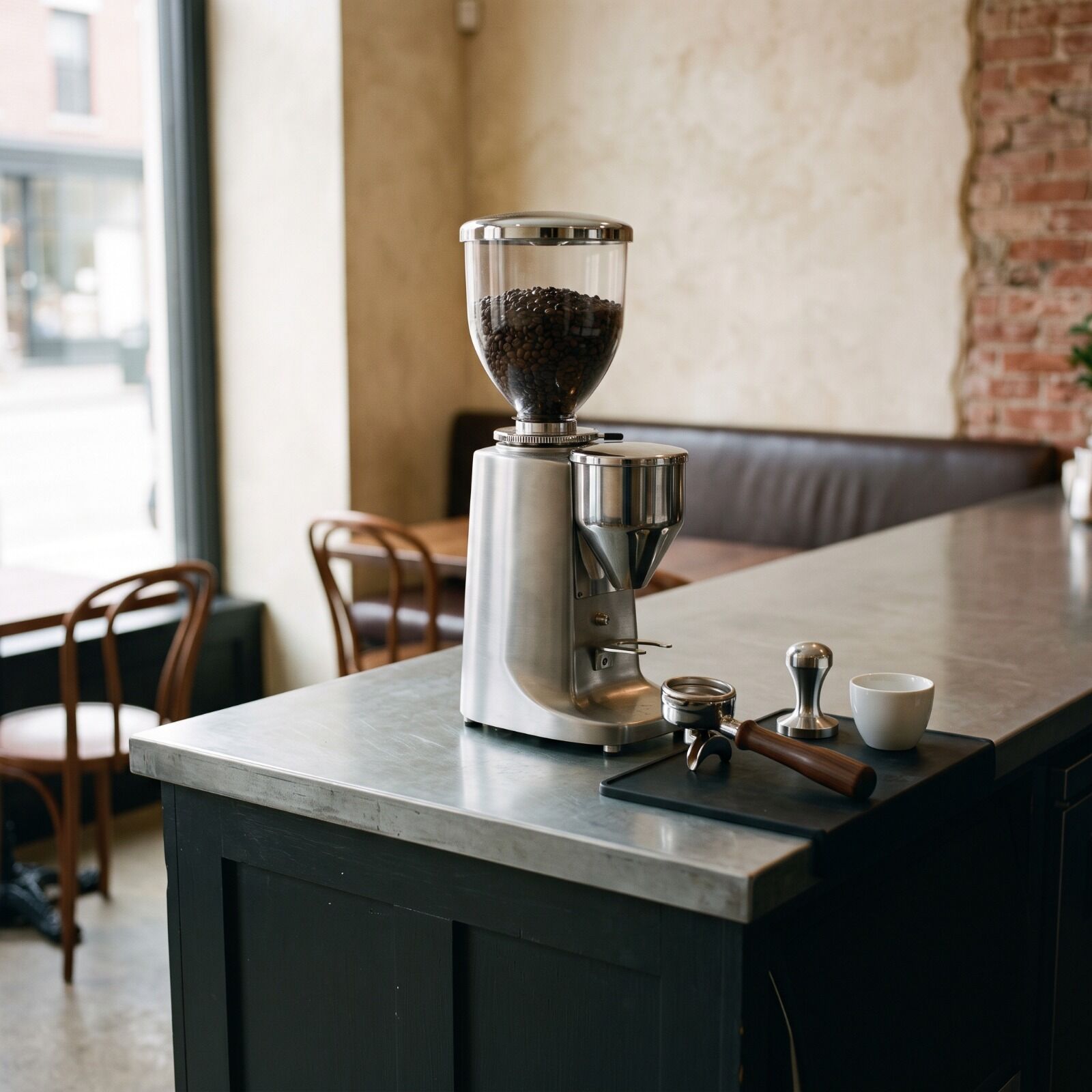 The espresso grinder at the end of the counter, hopper full, portafilter loaded