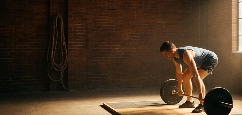 A lifter pulling a loaded barbell from the platform in the club's converted tram depot, silhouetted against the depot's high windows