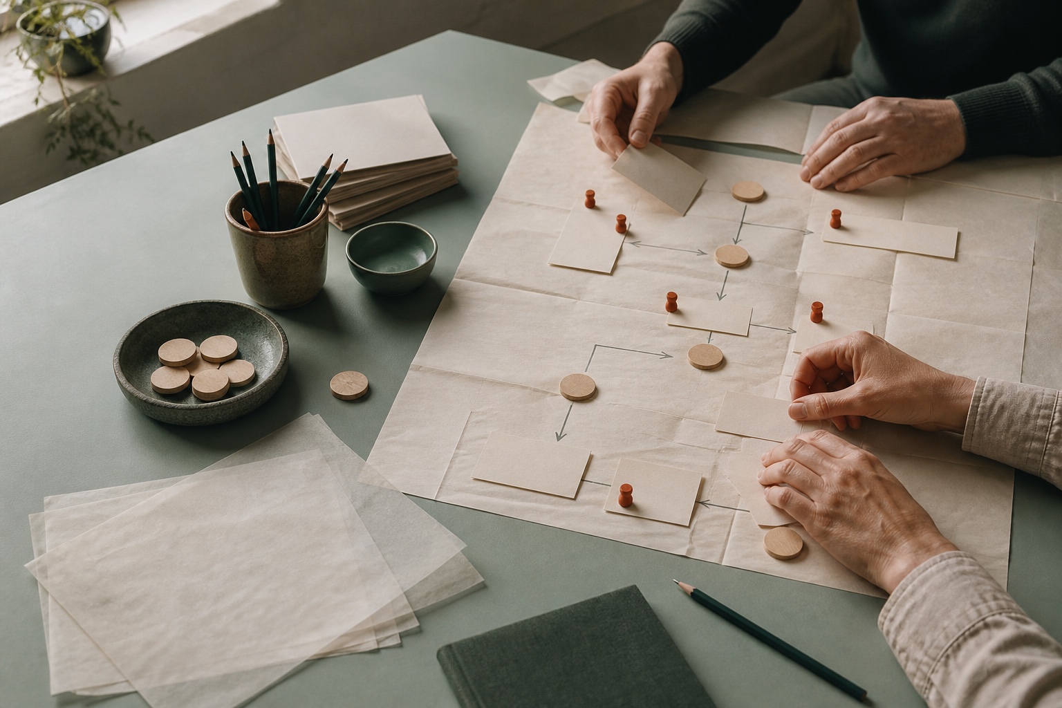 Hands arranging a blank service journey with wooden tokens on a sage studio table