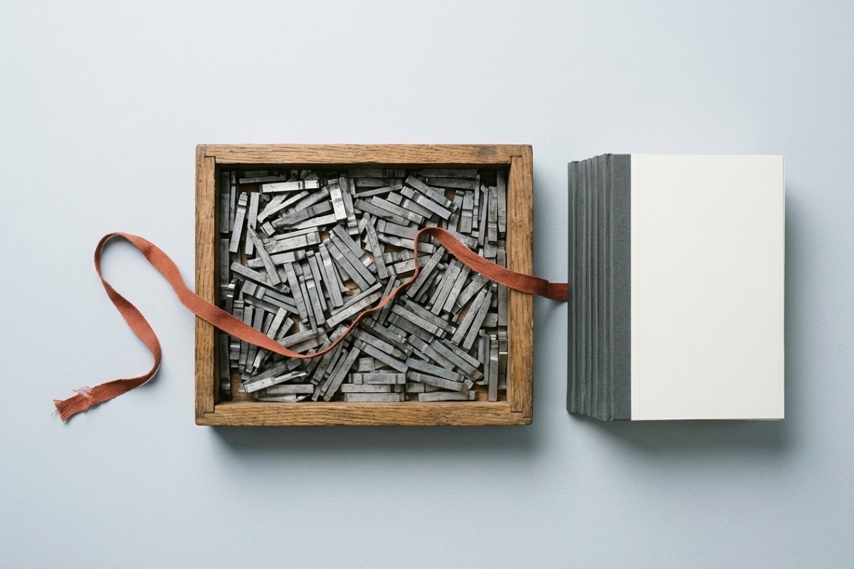A tray of loose metal type slugs beside a stack of blank bound signatures with graphite cloth spines and a rust ribbon marker