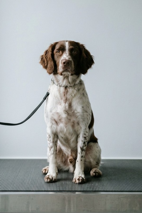 A liver-and-white springer cross sitting on the scale, her lead slack