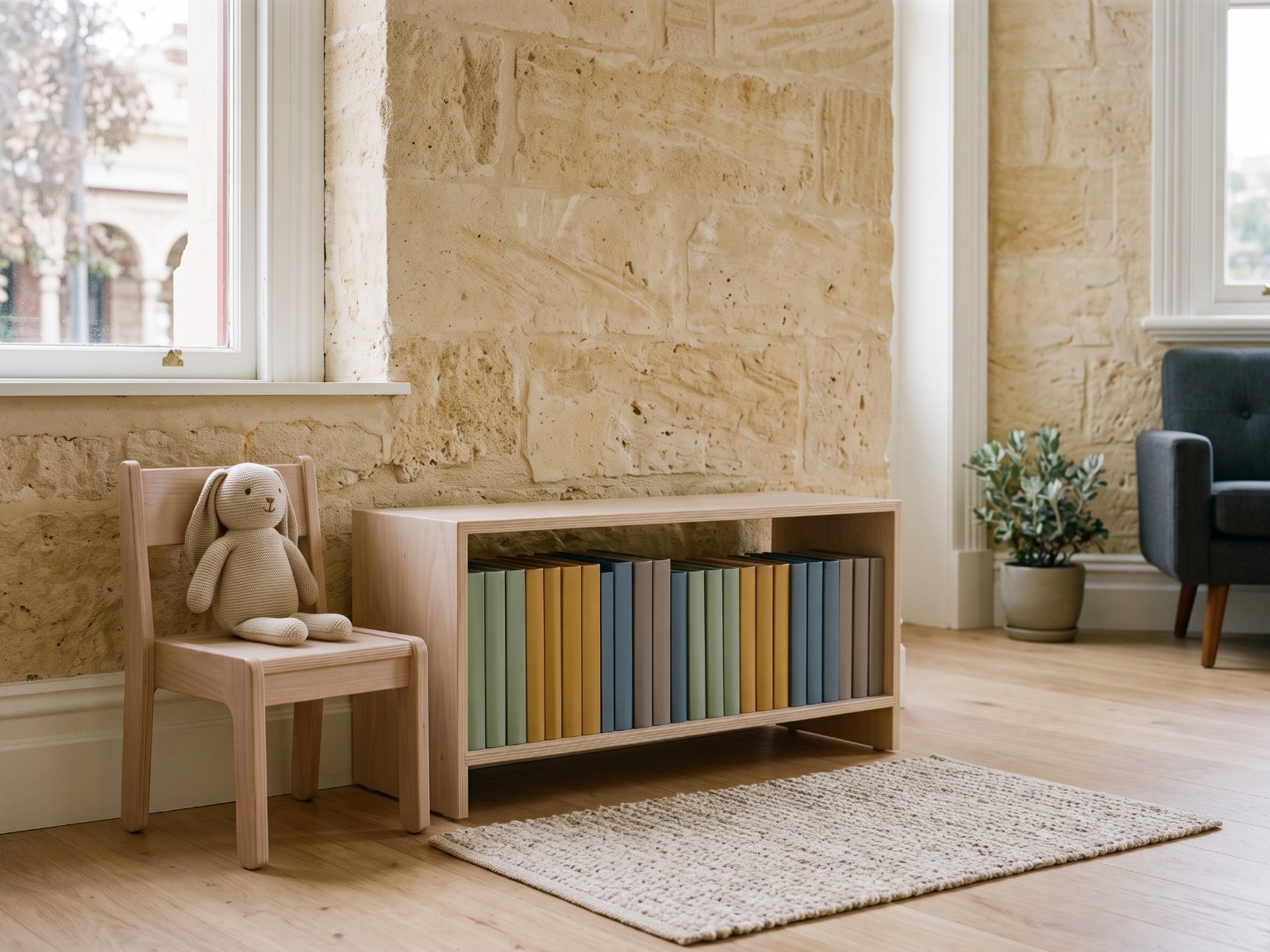 A child-sized timber chair with a knitted rabbit on it, beside a low shelf of picture books
