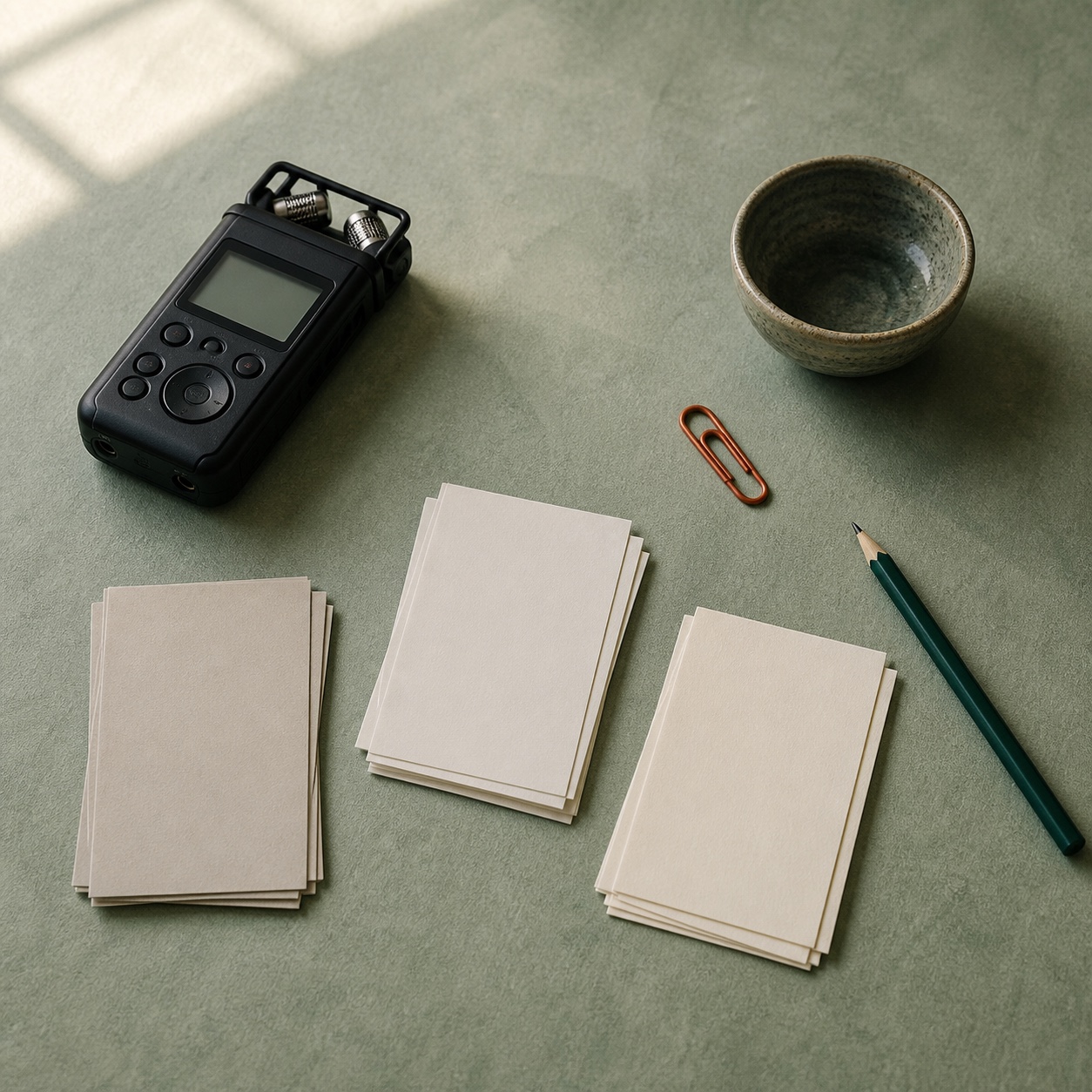 Audio recorder and three groups of blank research cards