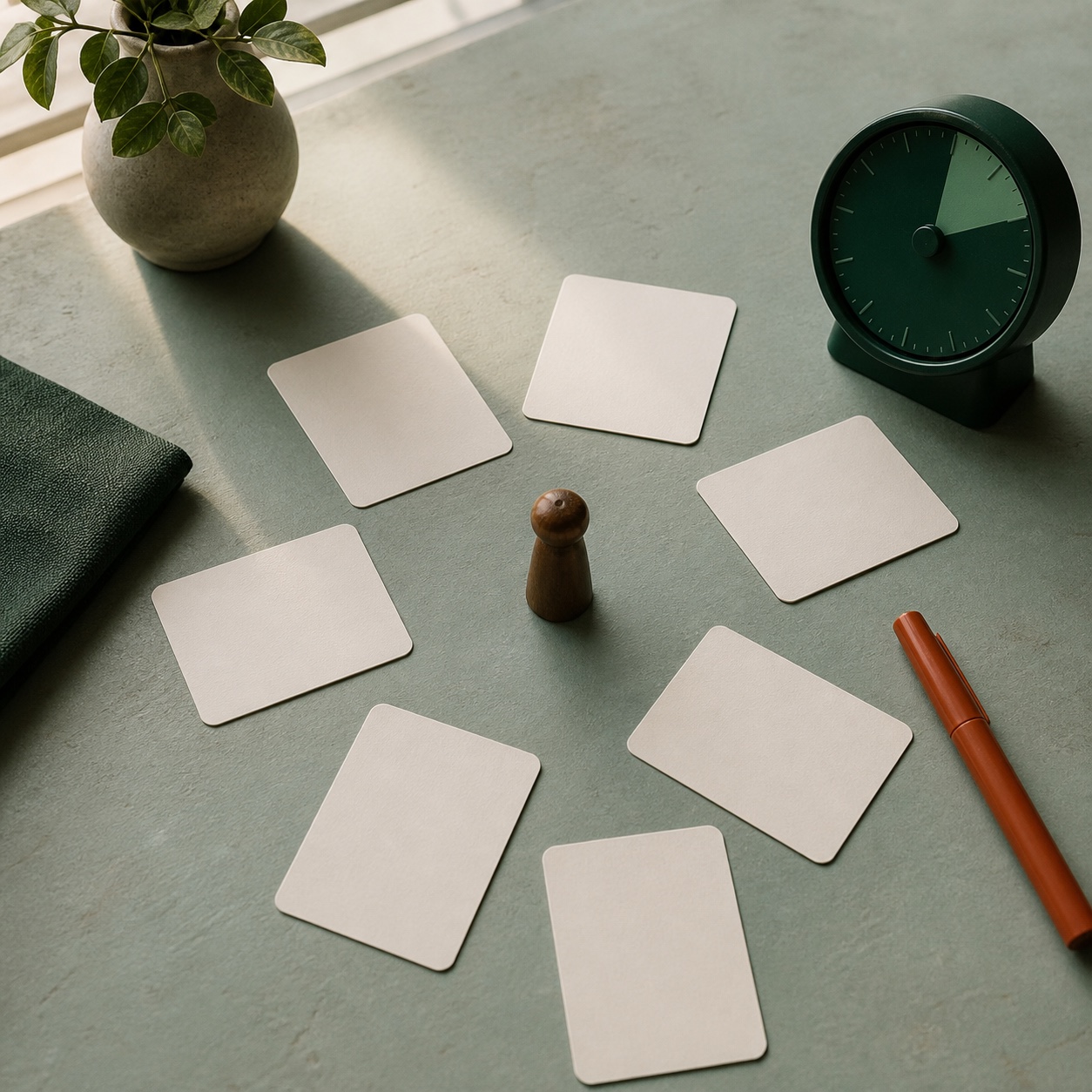 Blank facilitation cards arranged around a wooden speaking piece