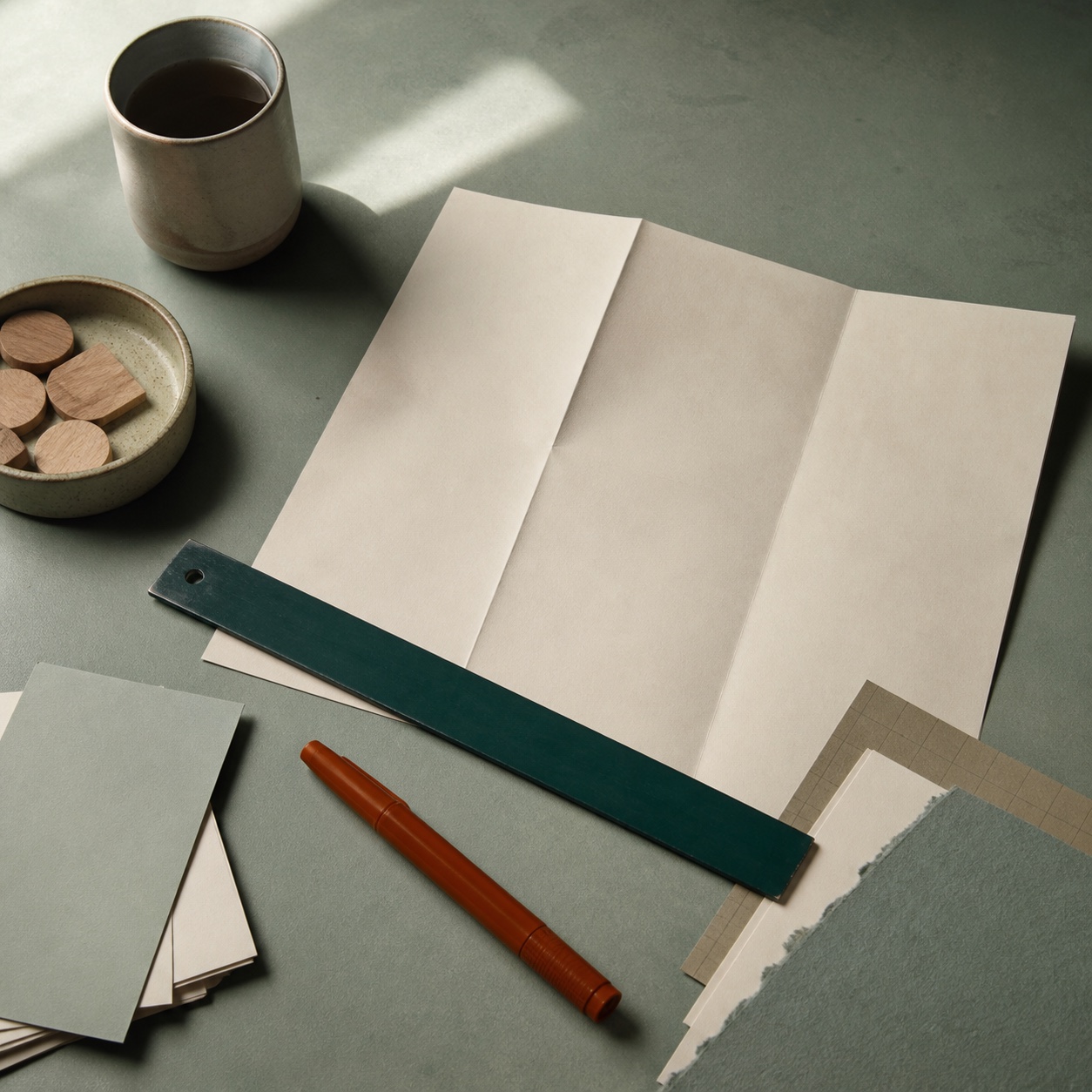 Blank service-recovery map, ruler, wooden tokens and orange marker