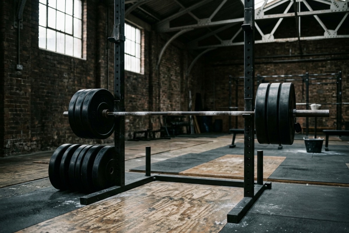 A loaded barbell racked on a steel squat rack over a chalked plywood lifting platform
