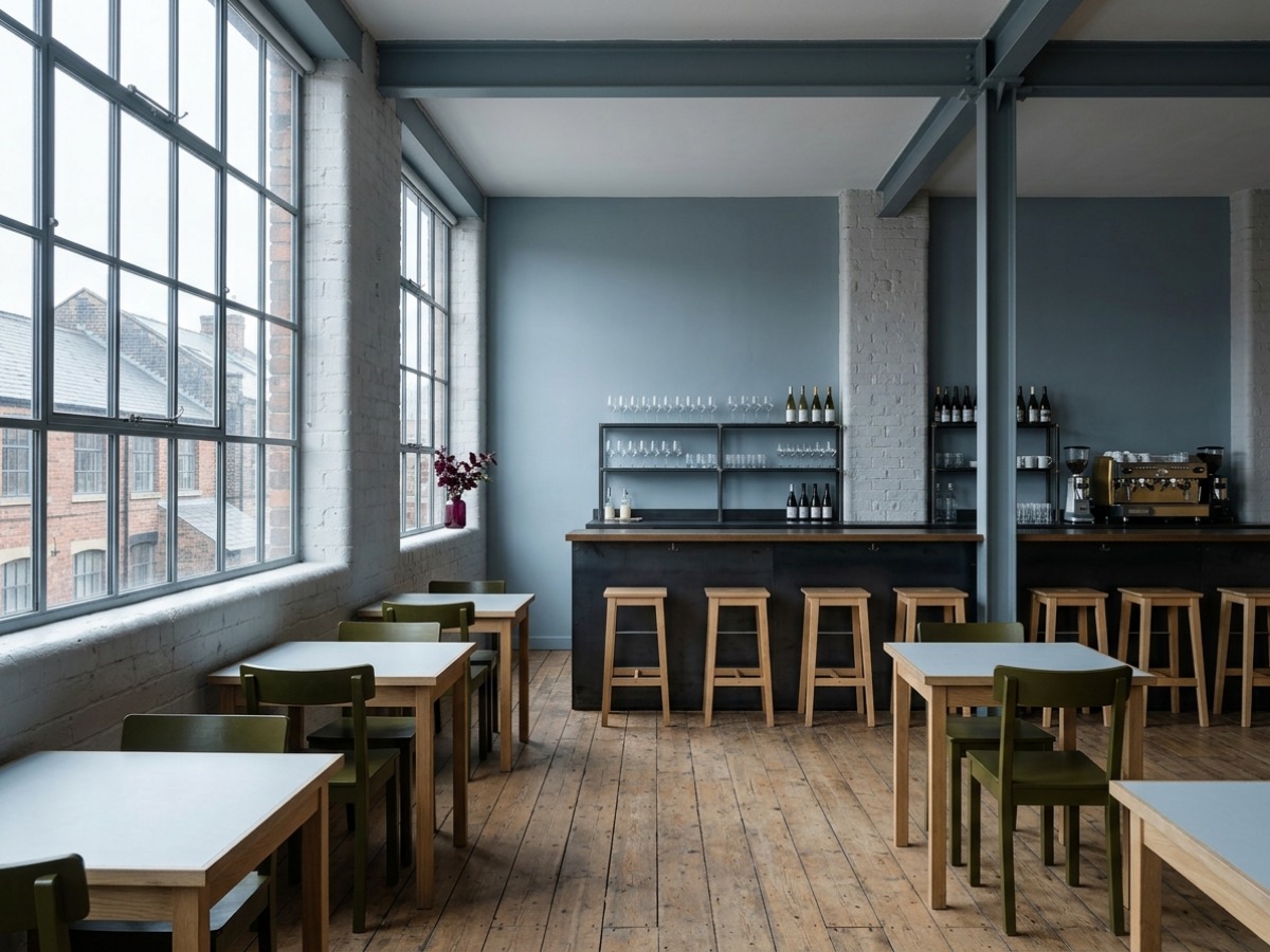 The counter: a blackened-steel bar run with timber stools along one wall of the room, empty before service