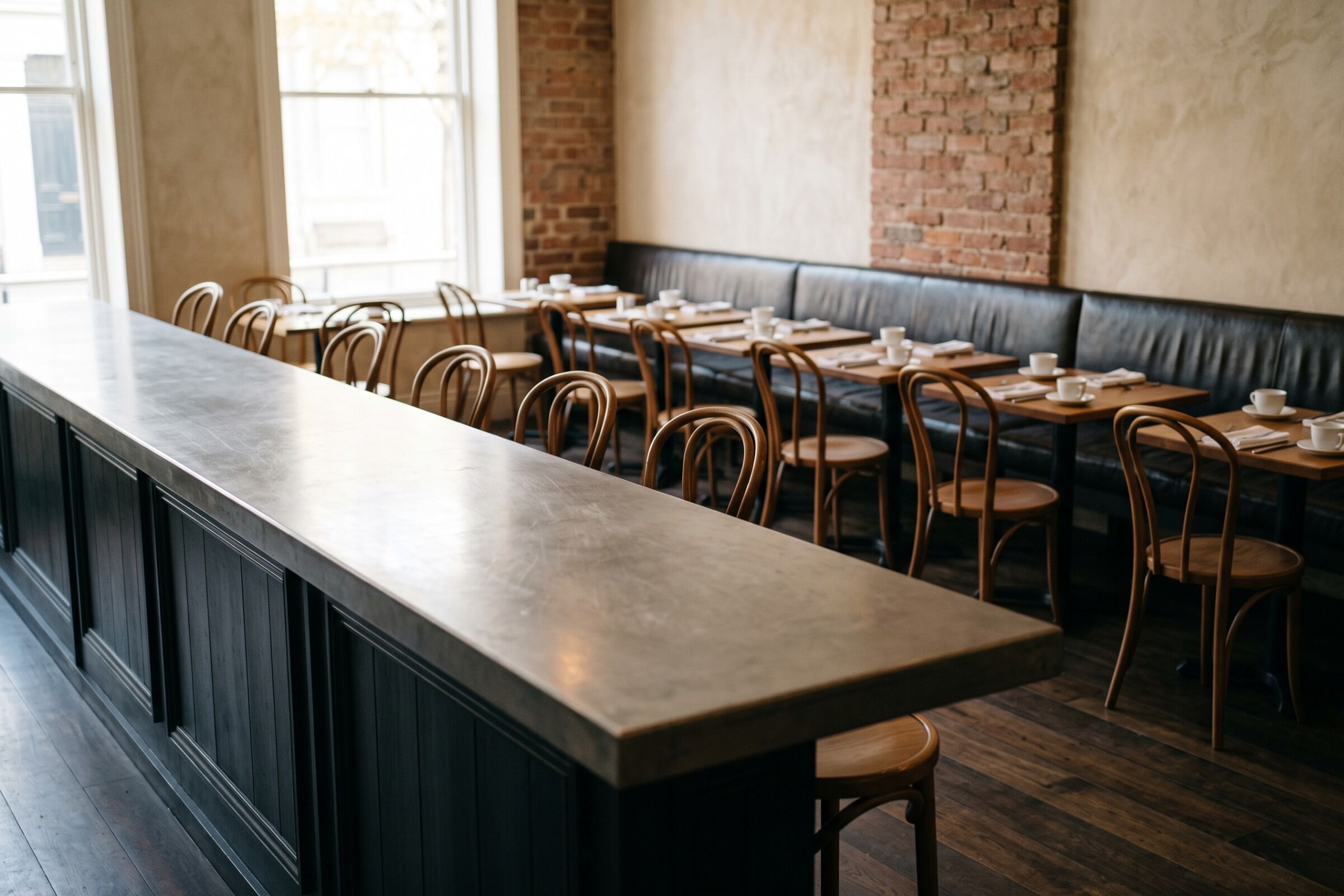 The dining room seen from behind the counter before service, chairs at bare tables
