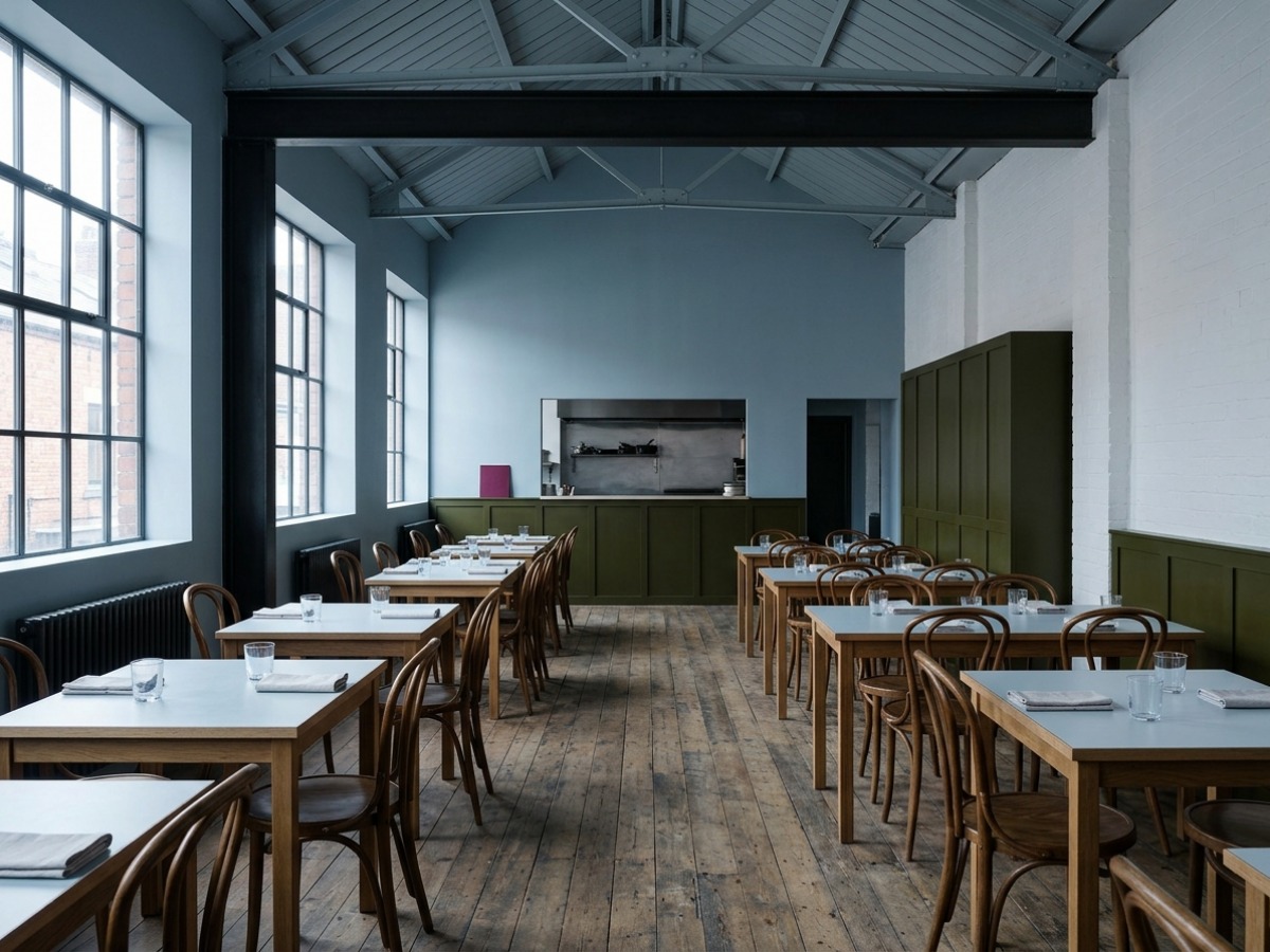 The main floor: plain rectangular timber tables laid with glasses under an exposed painted roof structure