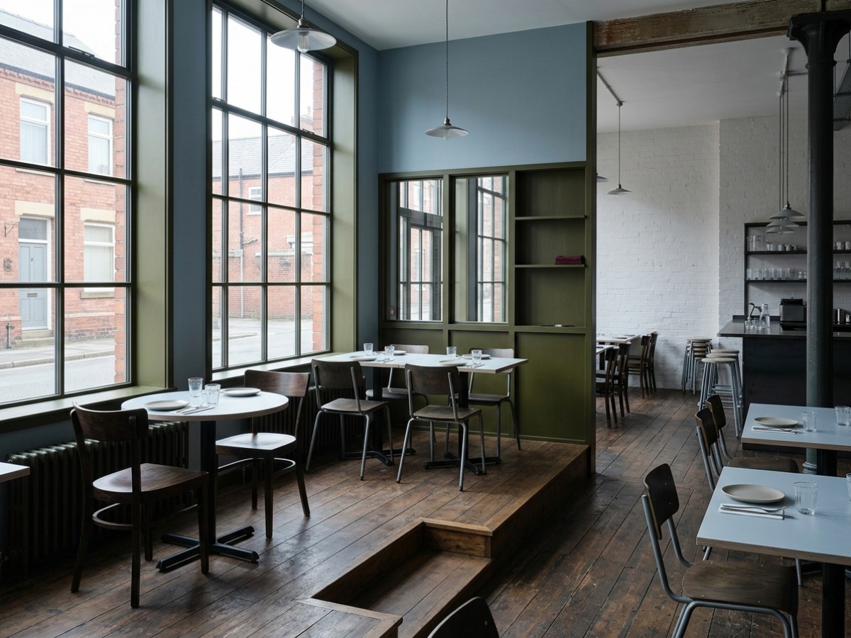The window platform before service: round and square tables one step up, under tall steel-framed factory windows on Ball Street