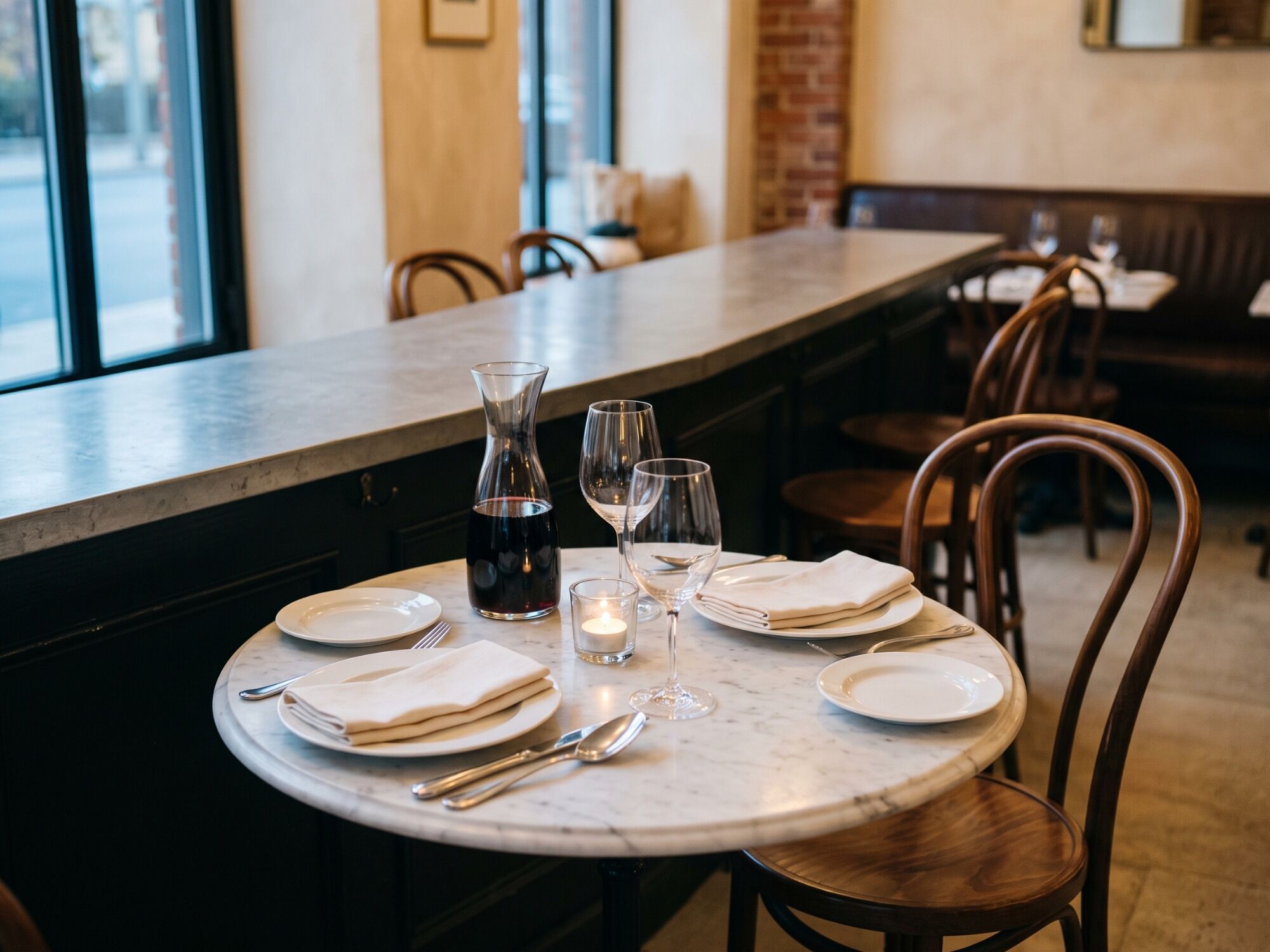 A two-top laid for supper with a carafe and a lit candle