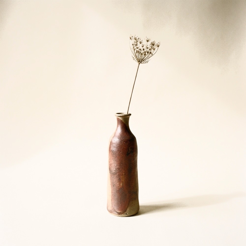 A tall narrow stoneware stem vase with a rust-terracotta glaze holding a single dried seed head.