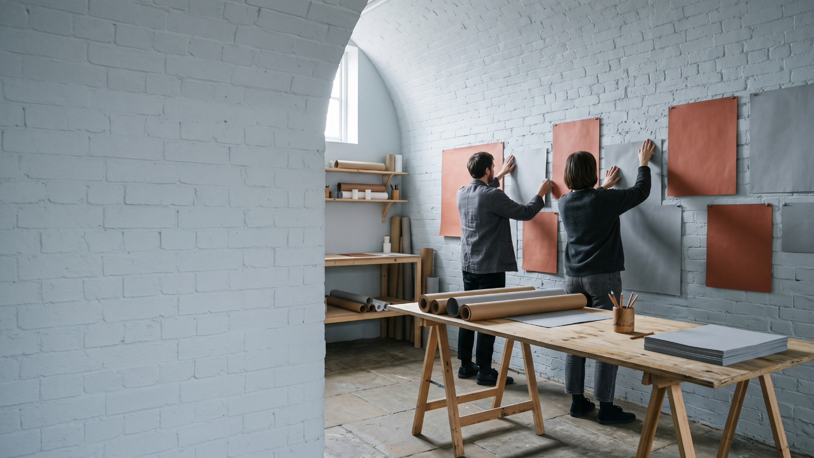 Two members of the studio pinning blank rust and grey paper sheets to the brick wall of a converted railway arch, seen from behind, with a long plywood trestle table carrying paper rolls and drawing tools