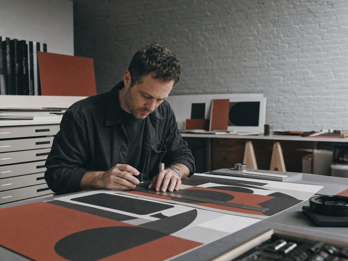 Milo Vance checking an abstract type proof with a loupe and metal ruler in the Foundry studio