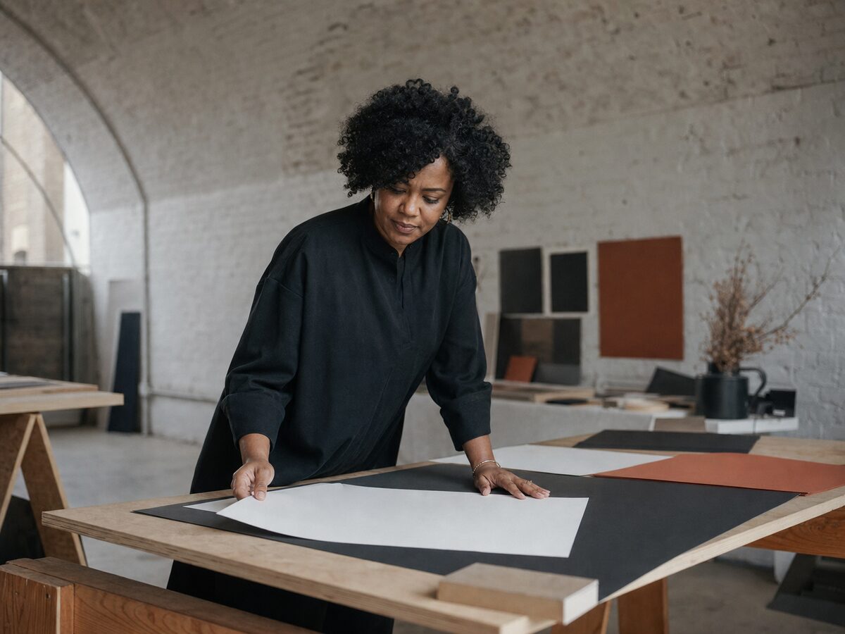 Nadia Okonkwo reviewing blank identity proofs at a plywood trestle in the Foundry studio