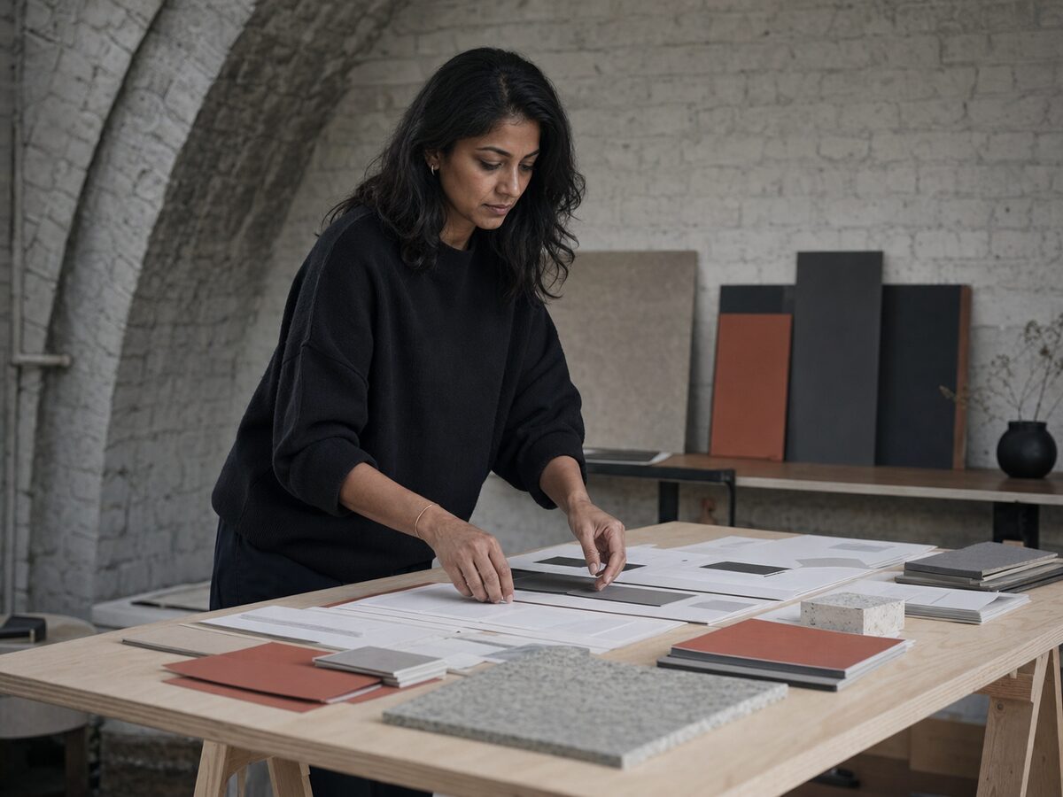 Priya Raman arranging printed component sheets and material cards at a Foundry trestle table