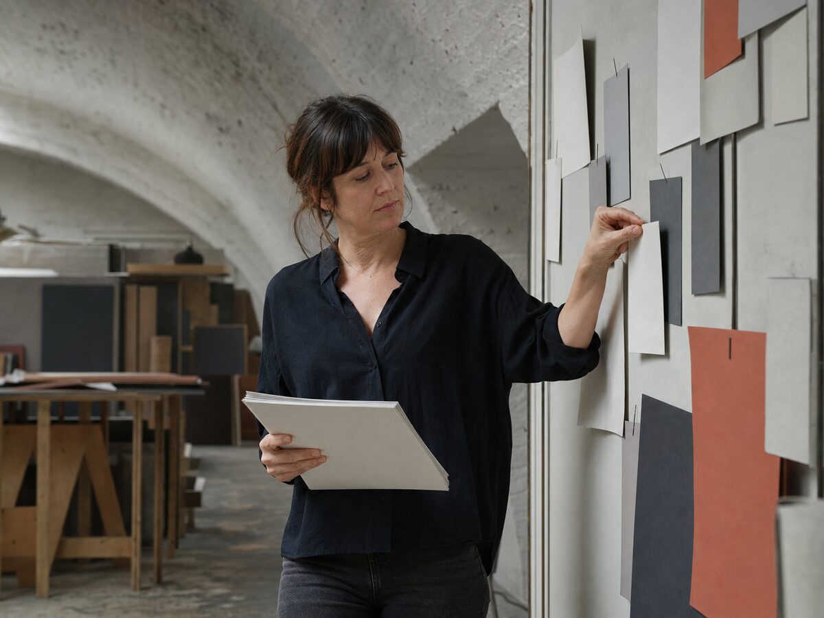 Sofia Brandt placing a blank schedule card on the Foundry studio production wall