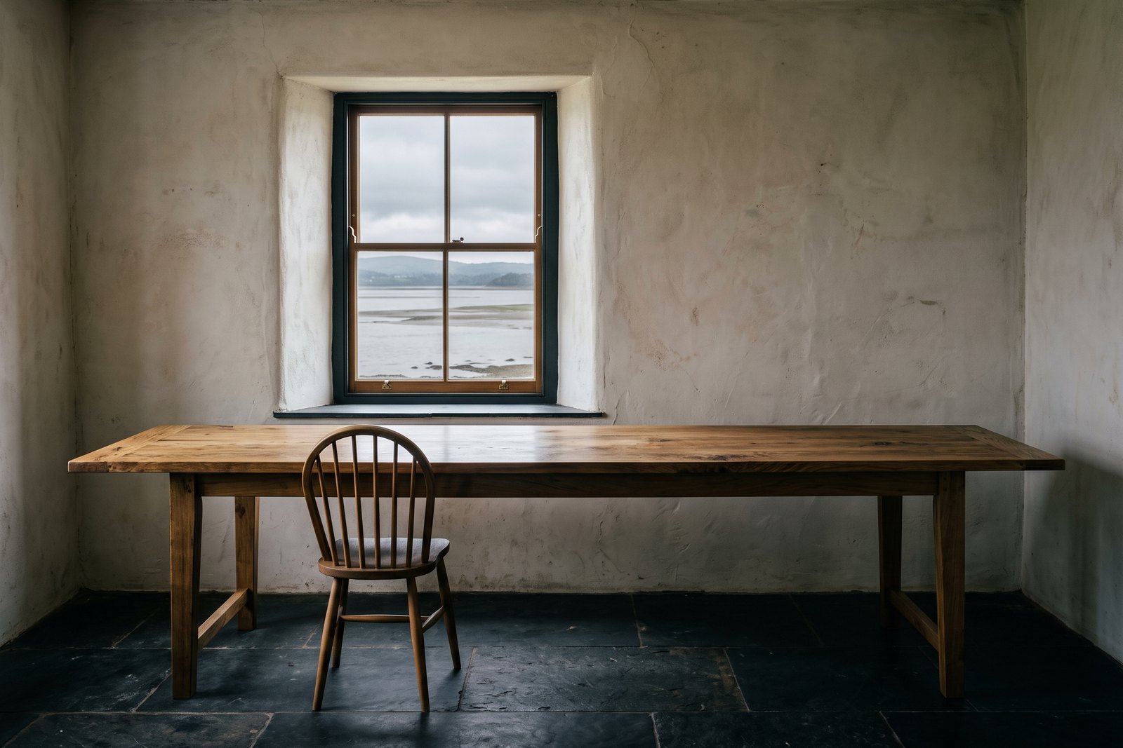 The long oak table under the estuary window in a bare lime-plastered room.